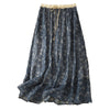 Two floral print midi skirts in blue and brown with elastic waists