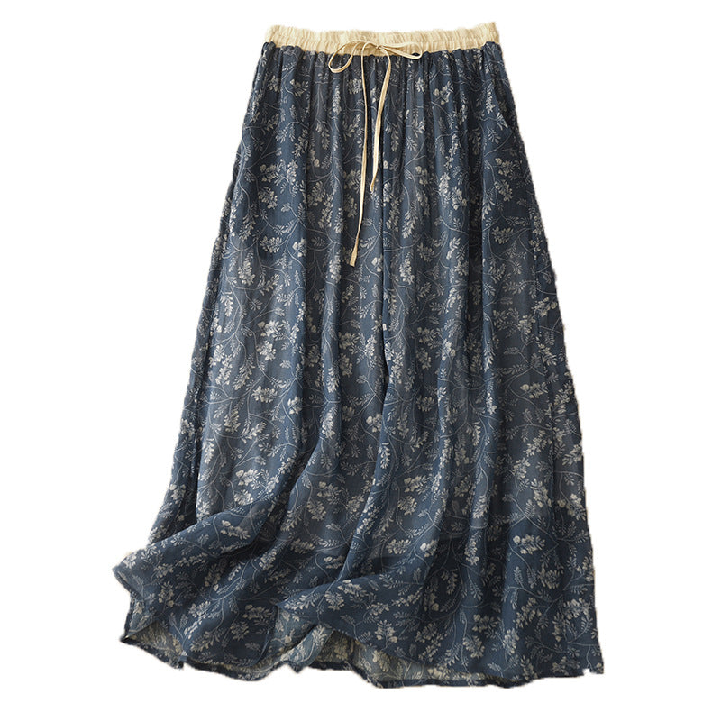 Two floral print midi skirts in blue and brown with elastic waists