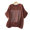 Coffee colored women's cotton linen t-shirt with white line print on a hanger