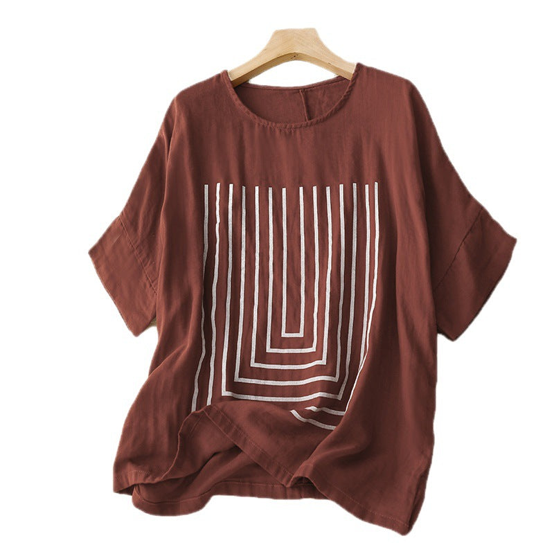 Coffee colored women's cotton linen t-shirt with white line print on a hanger