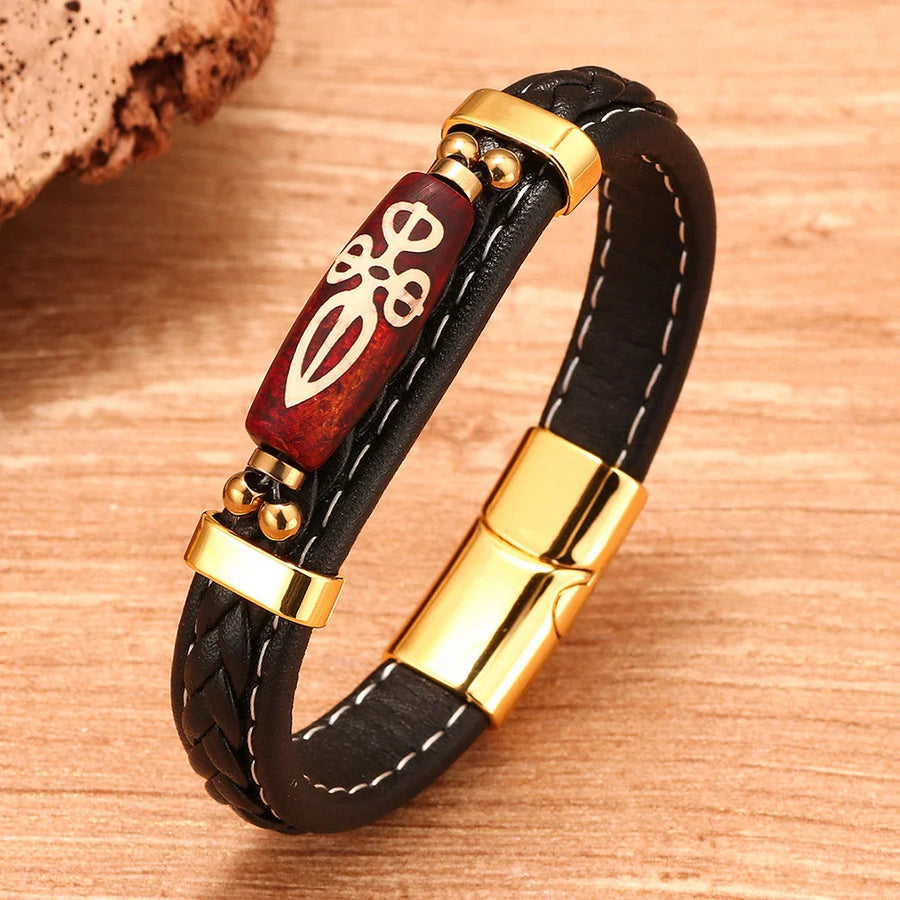 Tibetan Dzi Bead Leather Bracelet, Titanium Steel Clasp