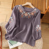 Cotton Linen Embroidered T-shirt Women's Crew Neck Three Quarter Sleeve Top