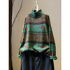 Women's Vintage Floral Knit Sweater, Loose Fit Mock Neck