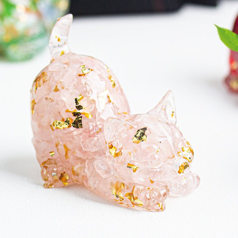 Resin Cat Figurine with Crystal Gravel, Desk Decor