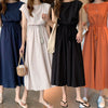 Cotton Linen Midi Dress, Elastic Waist Drawstring Short Sleeve