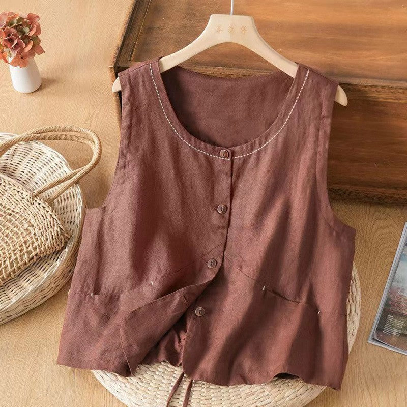Women's Vest Sleeveless Cotton Linen Top with Pockets