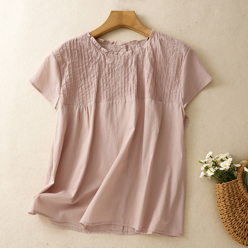 Women's Short Sleeve Shirt Summer Pure Color Ruffled Pleated Design