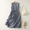 Blue and white striped sleeveless dress with buttons