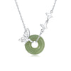 Sterling silver necklace with green jade peace buckle and butterfly charms on a white background