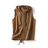 Coffee colored sleeveless hooded vest with zipper front and pockets
