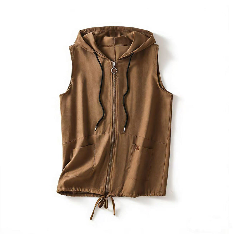 Coffee colored sleeveless hooded vest with zipper front and pockets