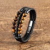 Men's Stone Bead Leather Bracelet, Stainless Steel Clasp