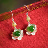 White or Green Jade Lotus Drop Earrings, Silver Tone