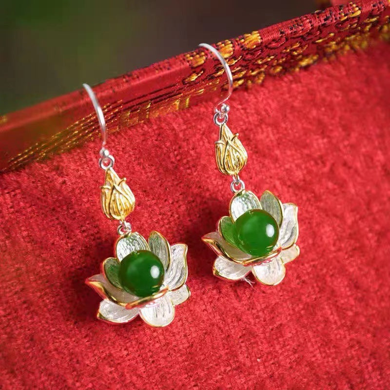 White or Green Jade Lotus Drop Earrings, Silver Tone