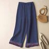 Women's Wide Leg Pants with Embroidered Hem, Cotton Linen