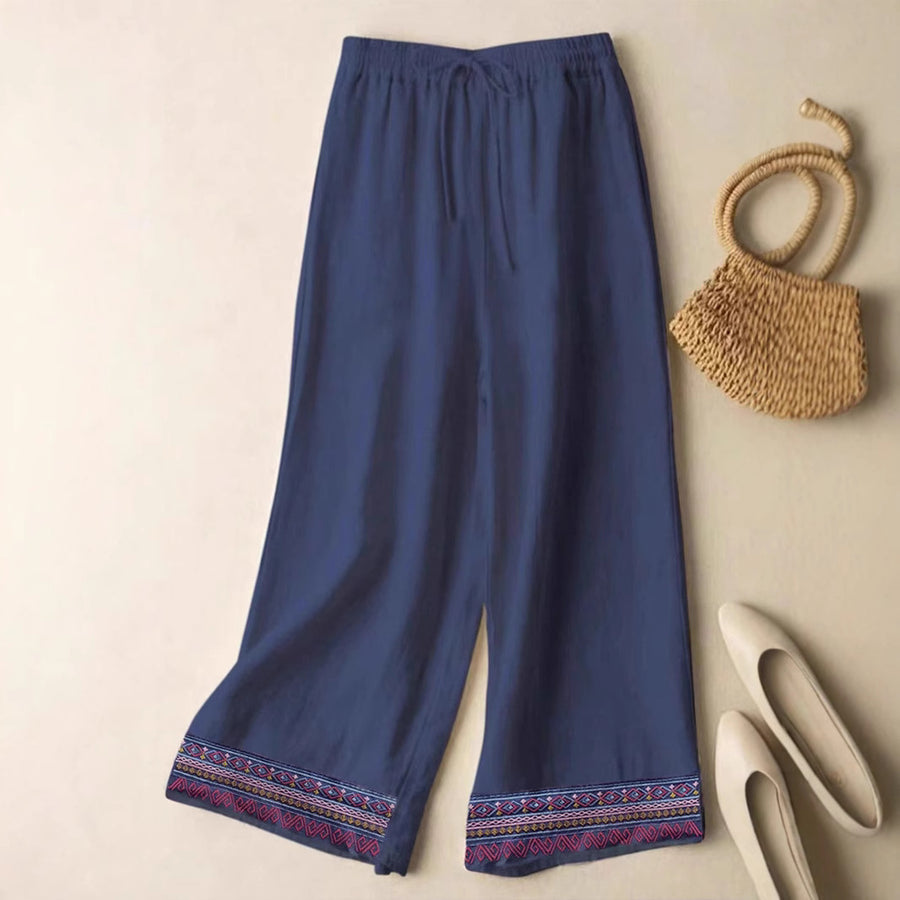 Women's Wide Leg Pants with Embroidered Hem, Cotton Linen