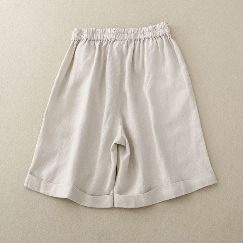 Women's Cotton Linen Shorts With Pockets, High Waist Wide Leg