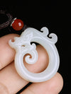 Jade Dragon Pendant Necklace, White and Green Jade Amulet