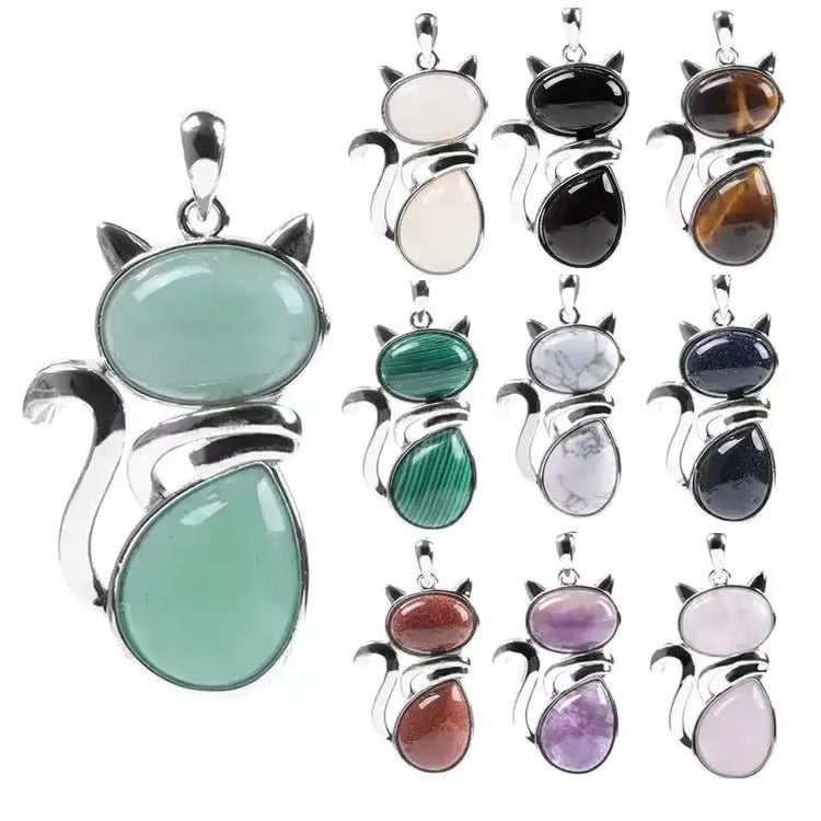 Silver tone cat pendant made of natural green aventurine stone