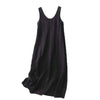 Black sleeveless cotton linen midi dress with a simple round neck design