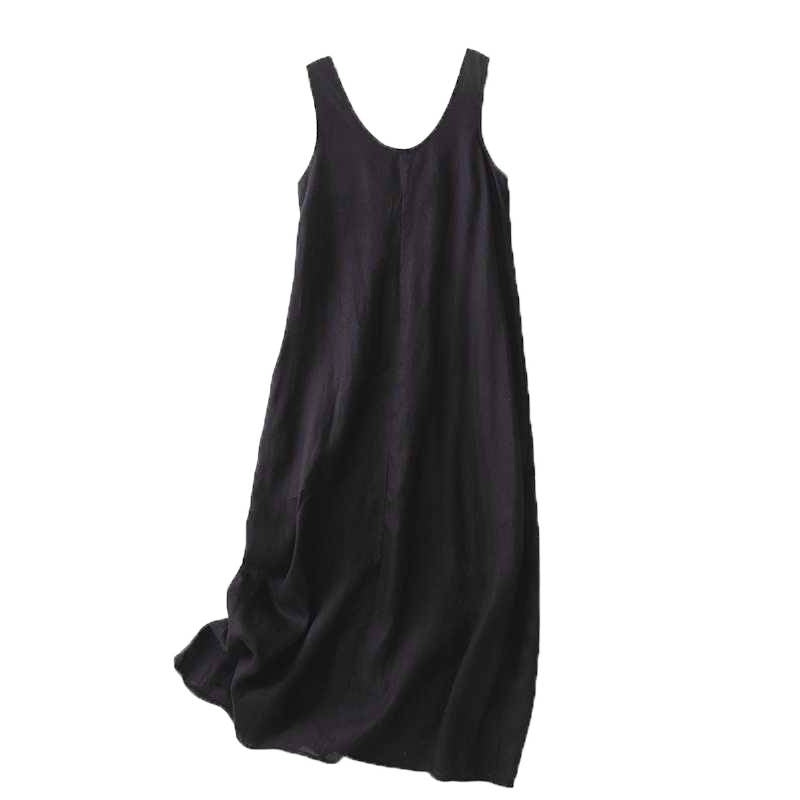Black sleeveless cotton linen midi dress with a simple round neck design