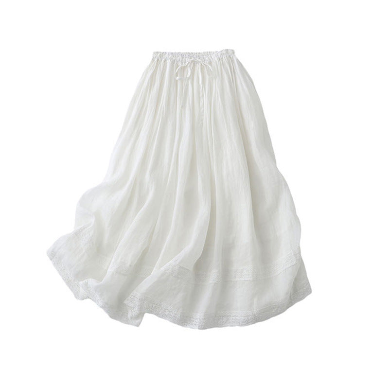 Cotton Linen Elastic Waist Skirt, Long A-Line