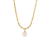 Gold tone titanium steel necklace with a single white pearl pendant on a white background