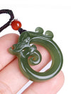 Jade Dragon Pendant Necklace, White and Green Jade Amulet