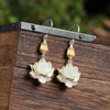 White or Green Jade Lotus Drop Earrings, Silver Tone