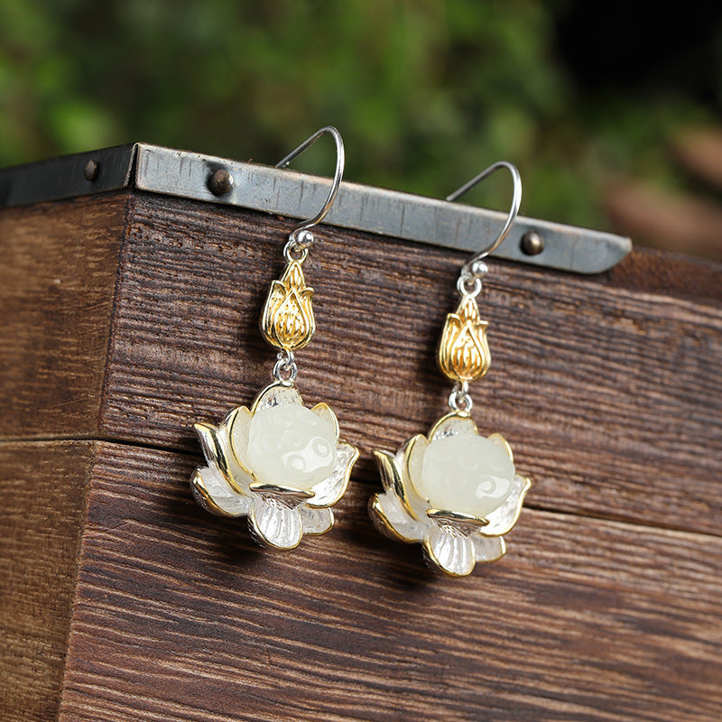 White or Green Jade Lotus Drop Earrings, Silver Tone