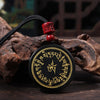 Black Obsidian Pendant Necklace with Buddhist Mantras and Symbols