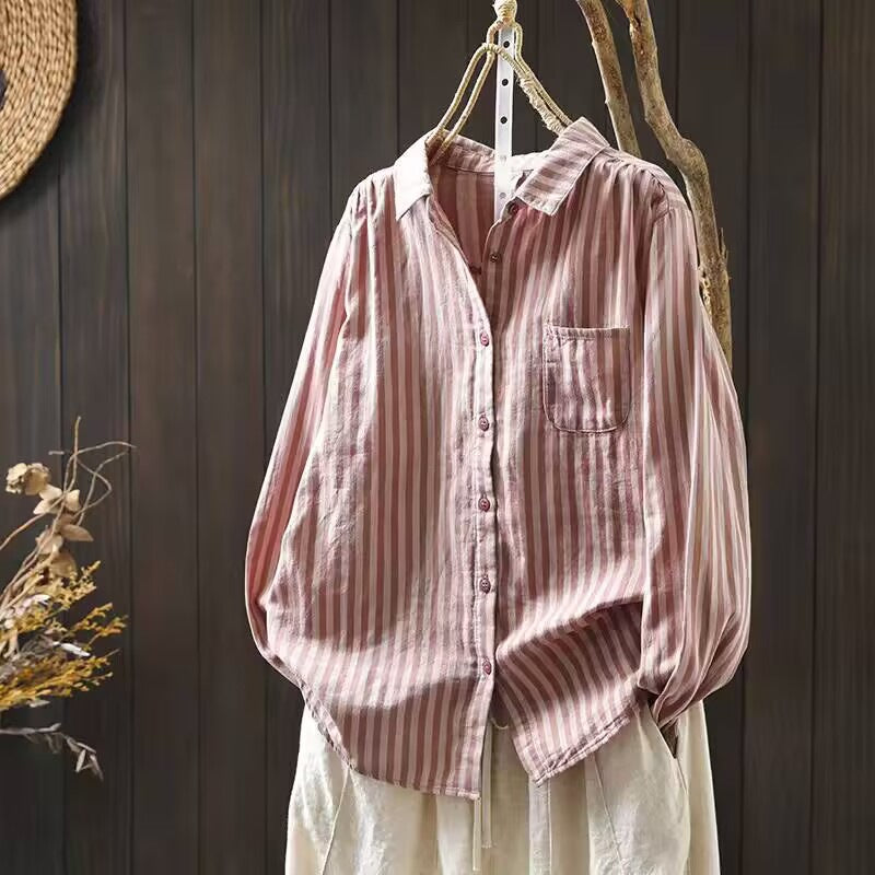 Women's Spring Vertical Stripes Long Sleeve Cotton Blend Shirt