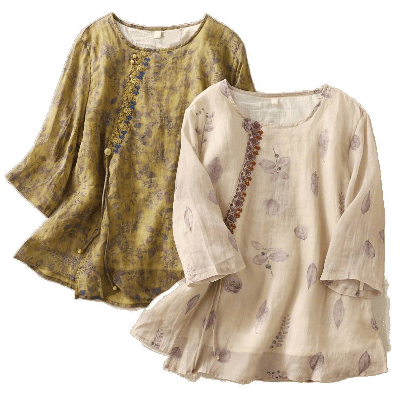 Women's loose cotton blouse with floral print and embroidered buttons