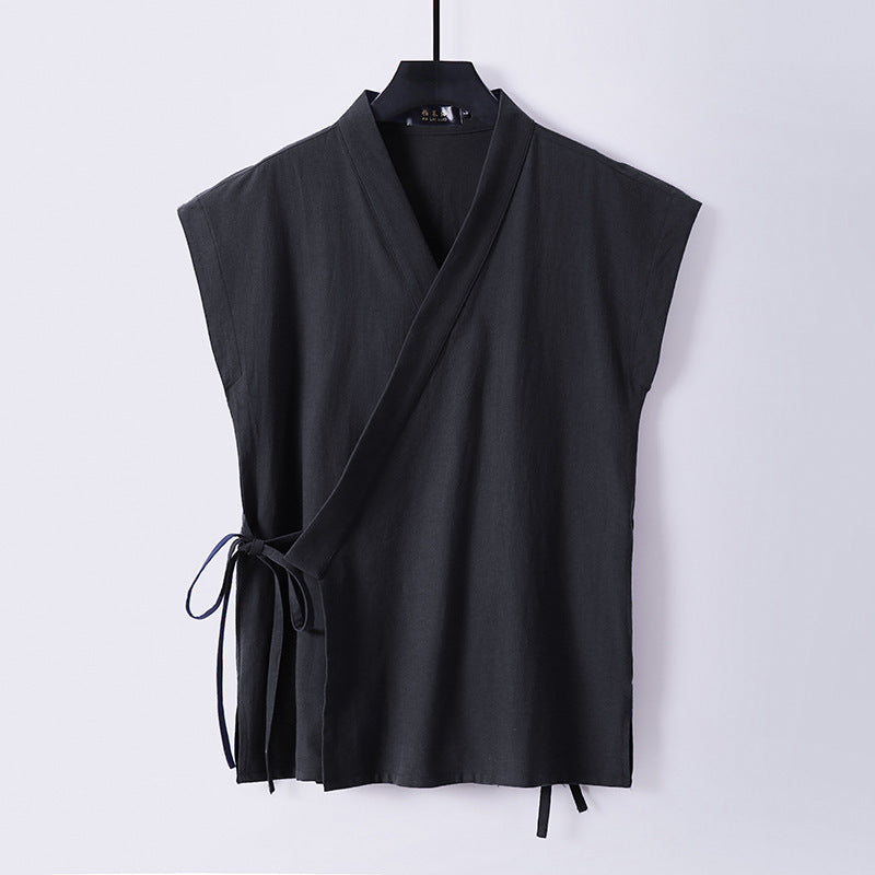 Men's Cotton Linen Vest, Sleeveless V-Neck Wrap Top
