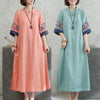 Embroidery Frog-Button Half Sleeve Women's Midi Dress