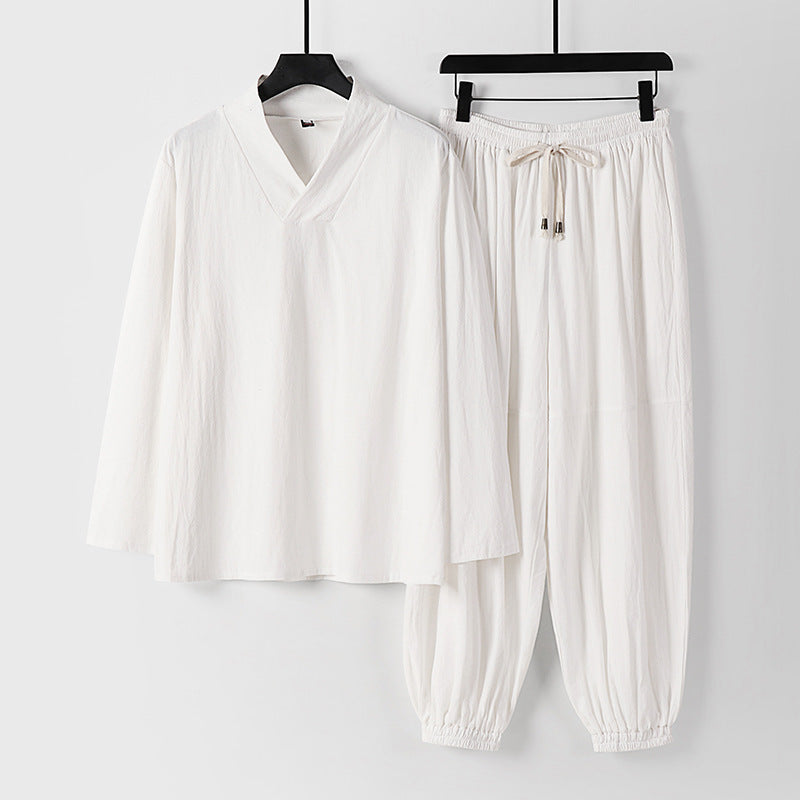 Men's Meditation Cloth Linen Set Long Sleeve T-shirt Pants