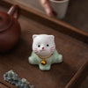 Ceramic Lucky Cat Figurine Set, Mini White and Green Decoration