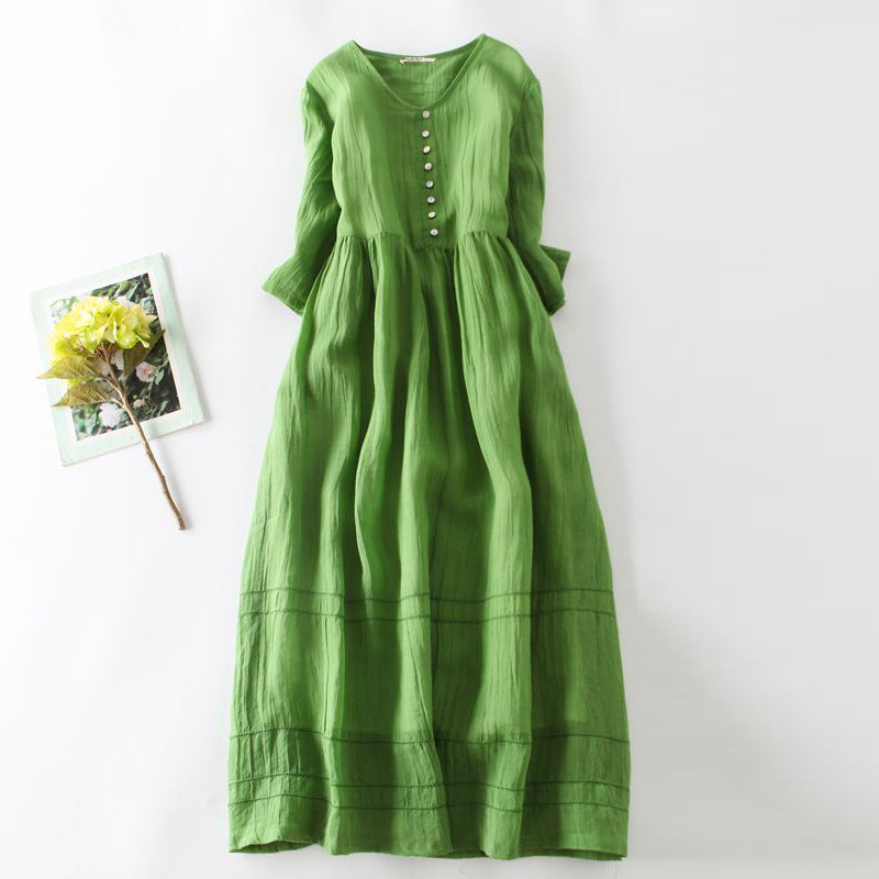 Green cotton linen midi dress with half sleeves and round neck