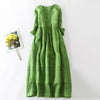 Green cotton linen midi dress with half sleeves and round neck