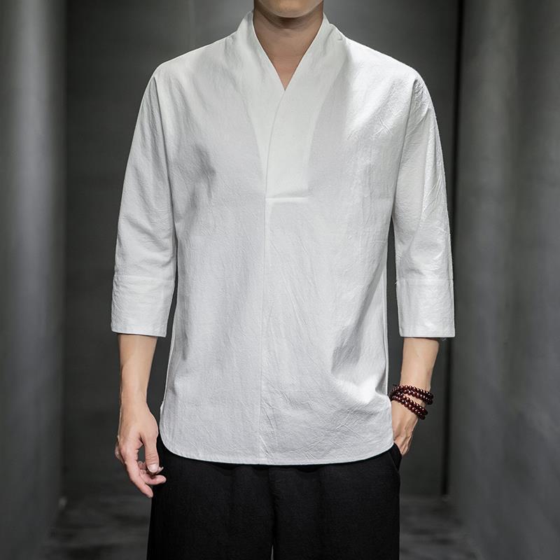 Men's Casual V-Neck Three Quarter Sleeve Shirt Linen Blend Top