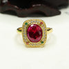 Lab-Created Ruby Ring with Geometric Halo Setting