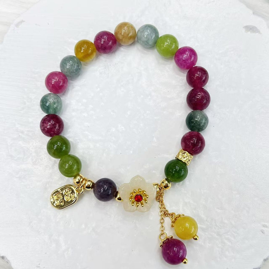 Colorful faux tourmaline beaded bracelet with flower charm