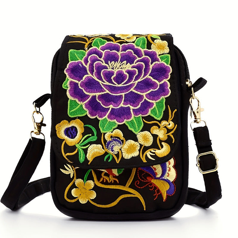 Embroidered Canvas Crossbody Bag with Floral Motifs