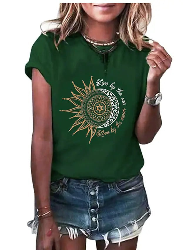 Green short sleeve t-shirt with gold and white sun and moon graphic print