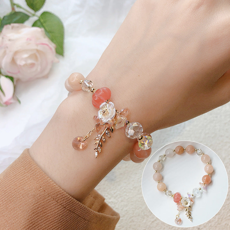 Crystal Flower Bracelet with Leaf Charm