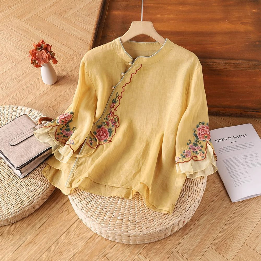 Women's Cotton Embroidery Floral Shirt with Frog Buttons
