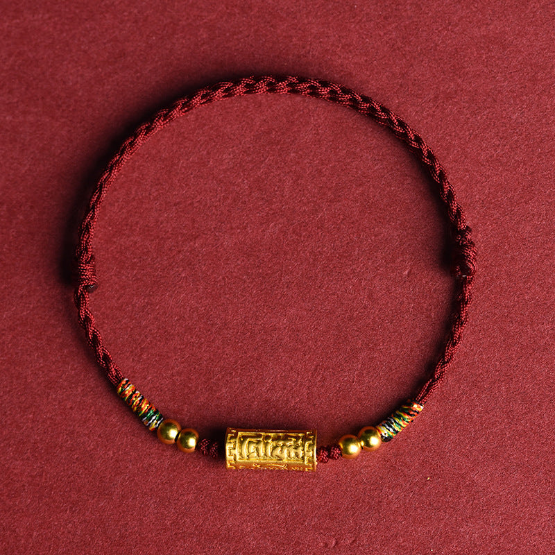 Gold-Plated Lulutong Red String Bracelet, Woven Cord with Mantra Bead