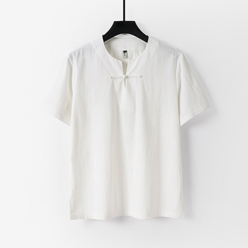 Men's Linen Blend V-Neck T-Shirt with Frog Button