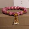 Pink Tourmaline Flower Charm Bracelet with Pearl Tassel