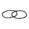 Two black natural hematite bead bracelets lying on a white background